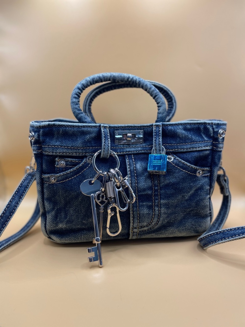 Brand New Mini Denim Crossbody Bag ✨ Jean Purse w/ Silver Lock & Keys 🔑 - Picture 1 of 7